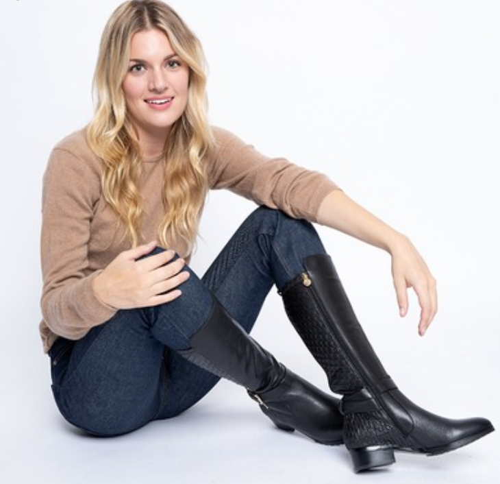 Naz Black Riding Boots with Quilted Back and Buckle - Stylish and Versatile for Any Occasion